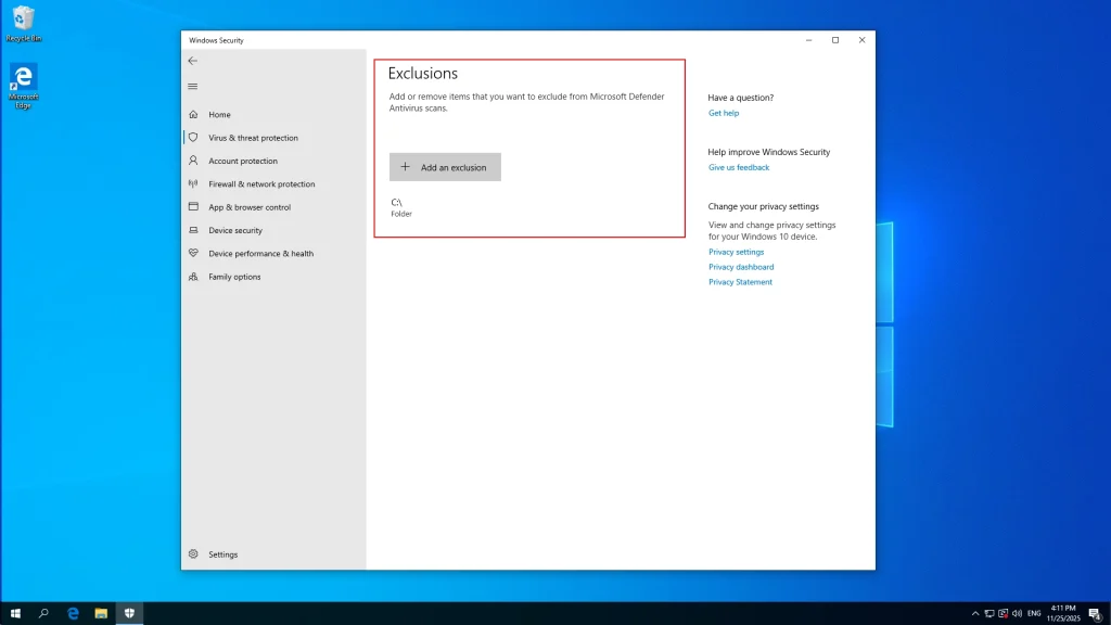 Add the local disk C to the exclusion list