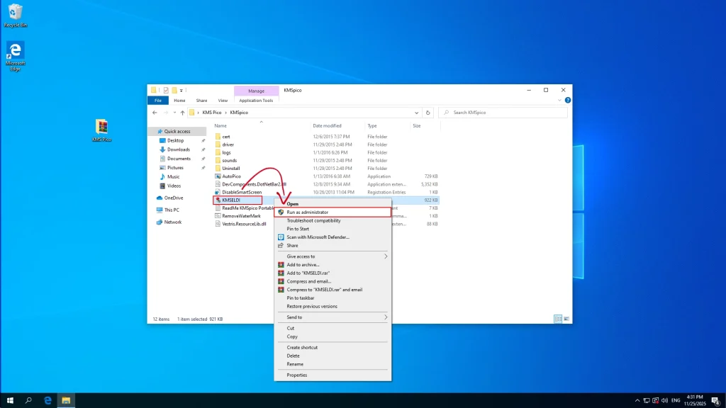 Run KMSELDI.exe as Administrator