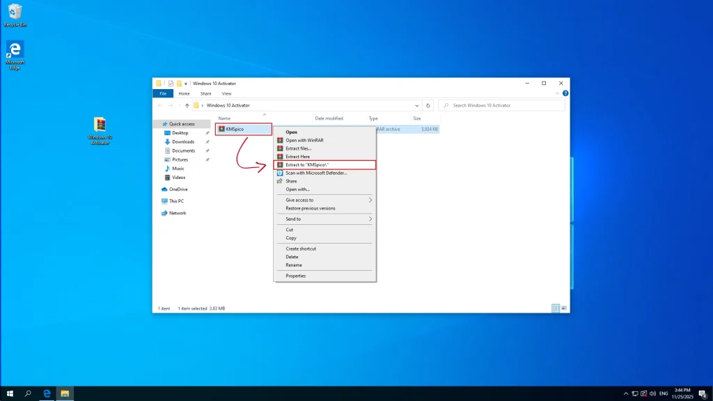 Unpacking the Windows 10 Activator archive